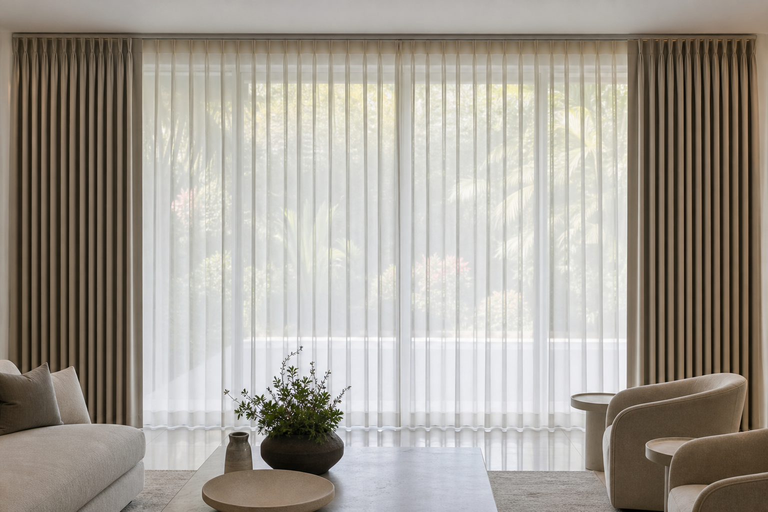 Triple Pinch Pleat Sheer y Black-Out en una sala contemporánea