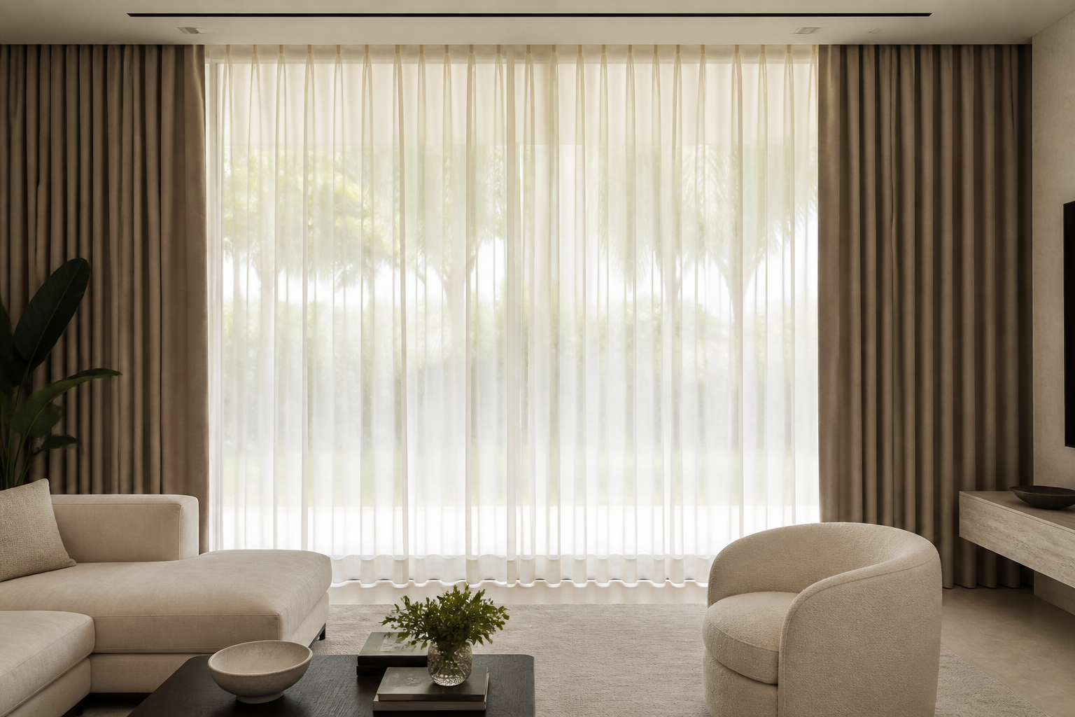 Ripple Fold Sheer y Black-Out en una sala contemporánea